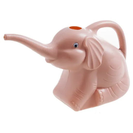 Pink children's watering can shaped like a sitting baby elephant with a long spout and bottle-shaped handle.