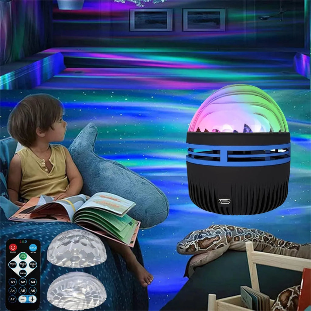 USB-powered LED star galaxy projector night light with removable acrylic shade and colourful rotating magic ball effects.