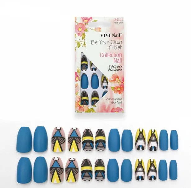 24 blue pointed colour-printed fake nails with 2g glue in a 14.5cm x 7.5cm x 2.2cm box