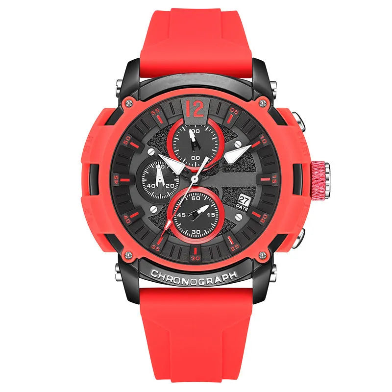 Men's black quartz wristwatch with luminous dial and calendar, waterproof to 30 metres.