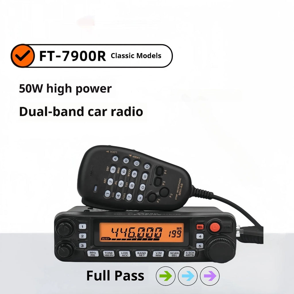 High-power car interphone walkie-talkie with 507 antenna and universal mounting clamps on a vehicle dashboard.