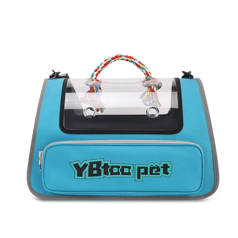 Foldable Oxford cloth pet bag with transparent visual panel, large capacity, in blue, pink, grey or green with random strap