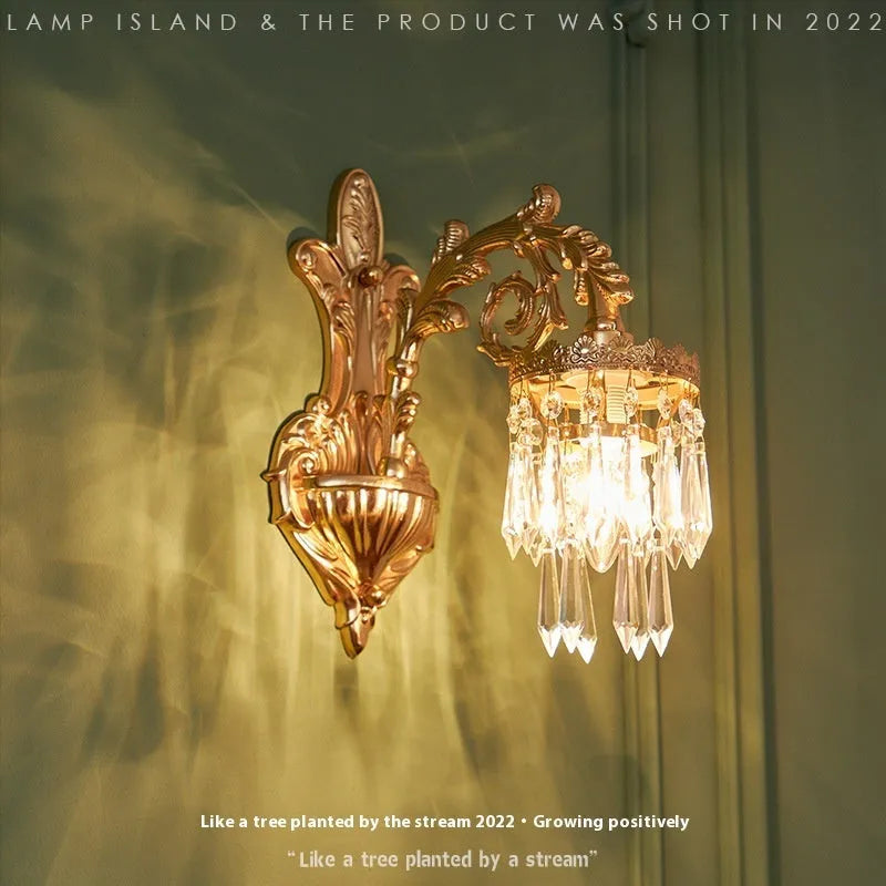 Retro copper wall lamp with crystal shade, single-head or double-head, LED 220V wall light for bedroom and aisle