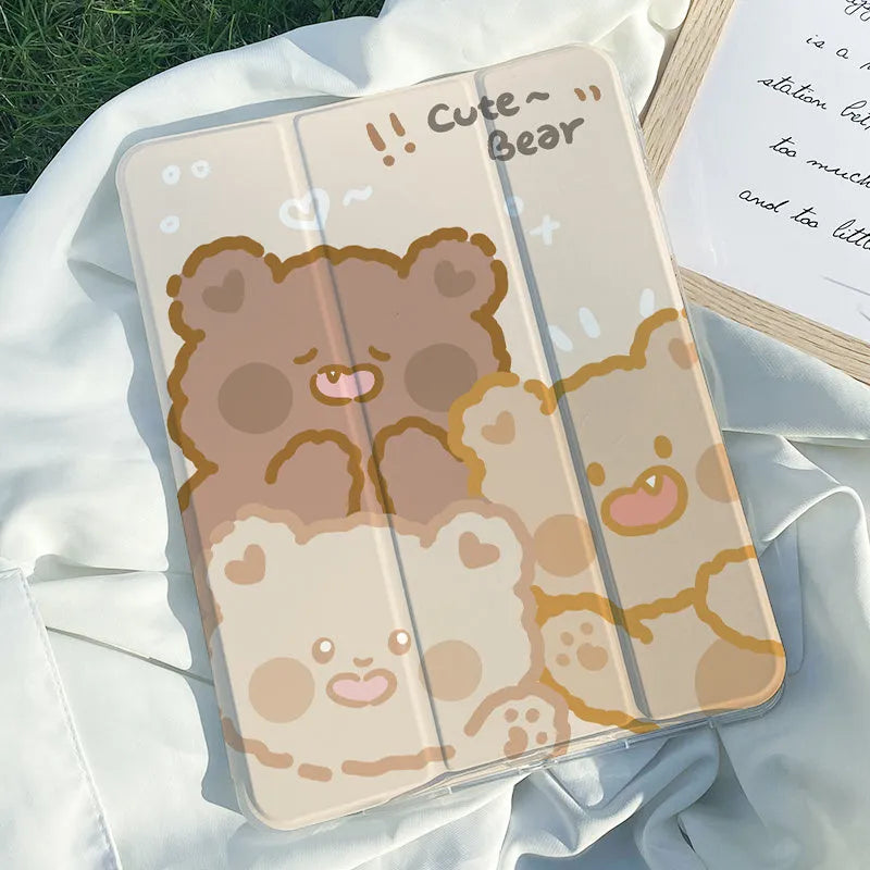 Rabbit cartoon design silicone tri-fold protective case for an Apple iPad in stand mode.
