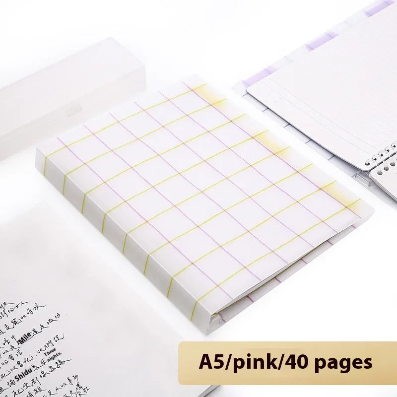 Refillable A5 and B5 spiral notebook with PP cover, shown in pastel cookie blue and plaid impression designs with loose-leaf paper.