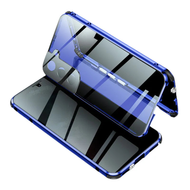 Black anti-peeping magnetic phone case for Samsung Galaxy showing clamshell design and privacy screen