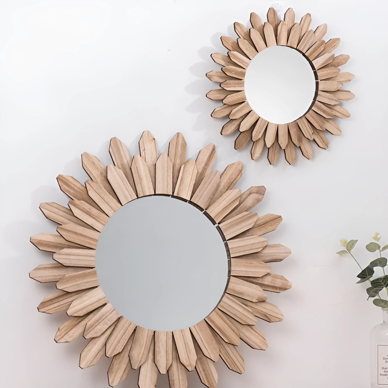 Round solid wood hanging mirror with European-style baked colour finish on a wall.