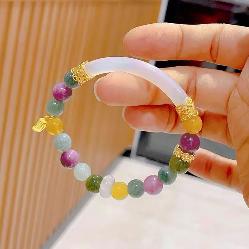 Rainbow coloured tourmaline half bracelet for women with electroplated finish