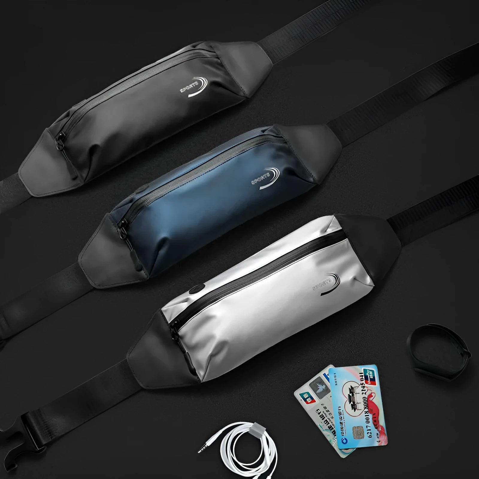 Men's waterproof Derm Oxford polyester sports waist bag in black, shown on waist during activity.