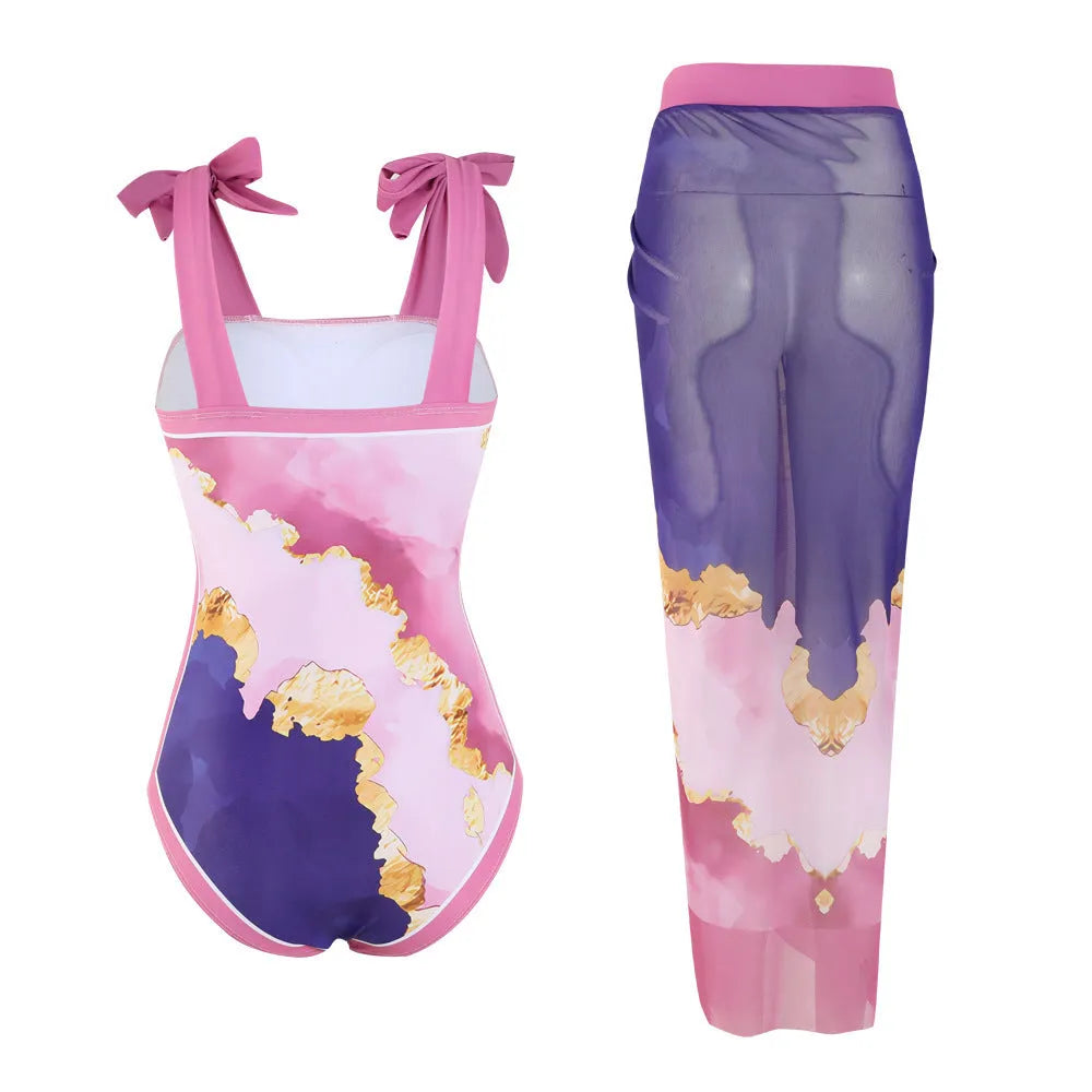Floral print conservative one-piece swimsuit with mesh tube top and matching skirt