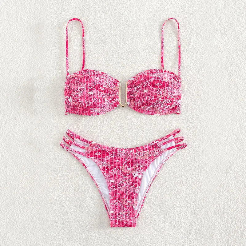 Women's floral bikini swimsuit with high waist style in blue, orange, pink and rose red colours