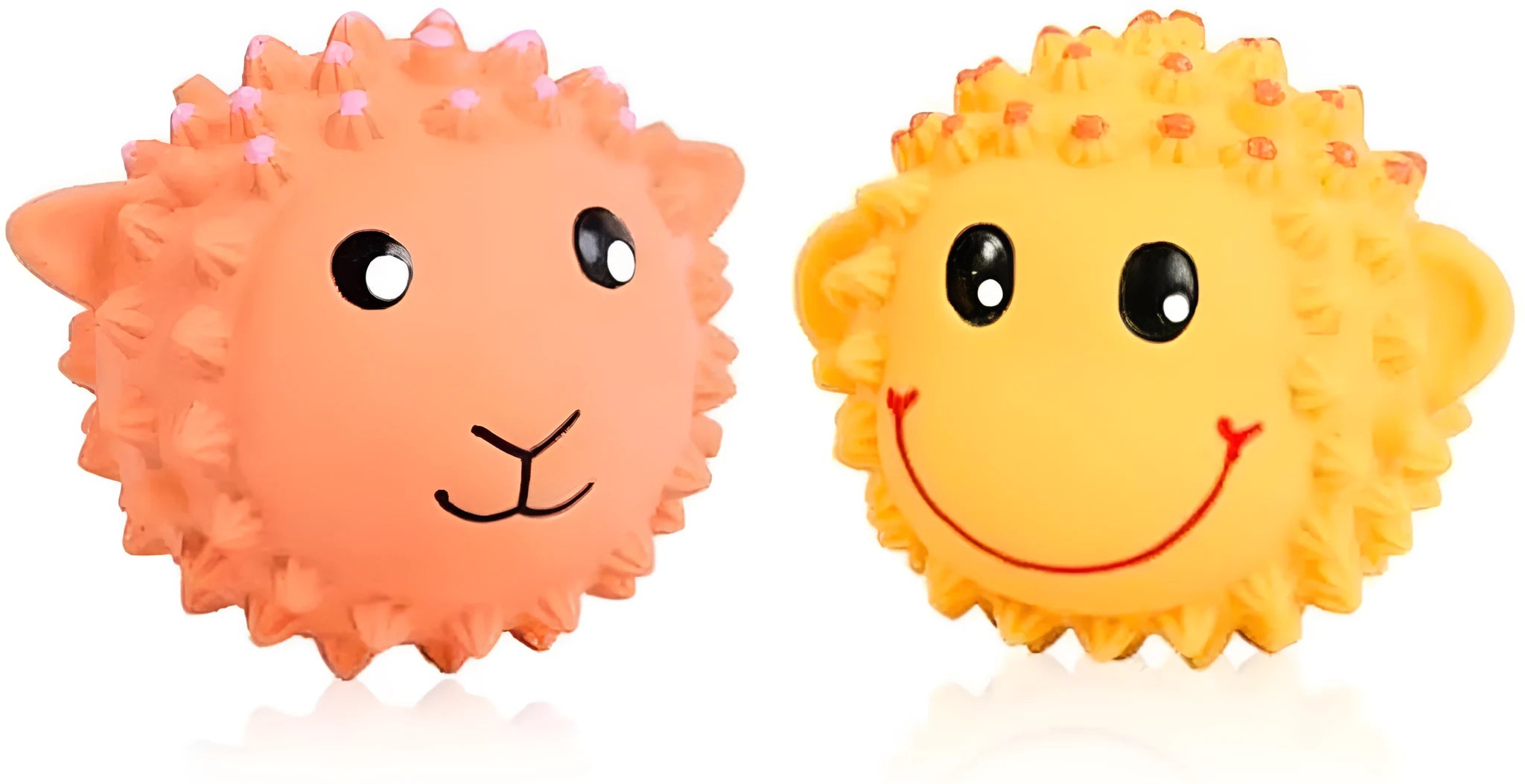 Orange and yellow spiky squeaky dog toy with animal design for small medium breeds