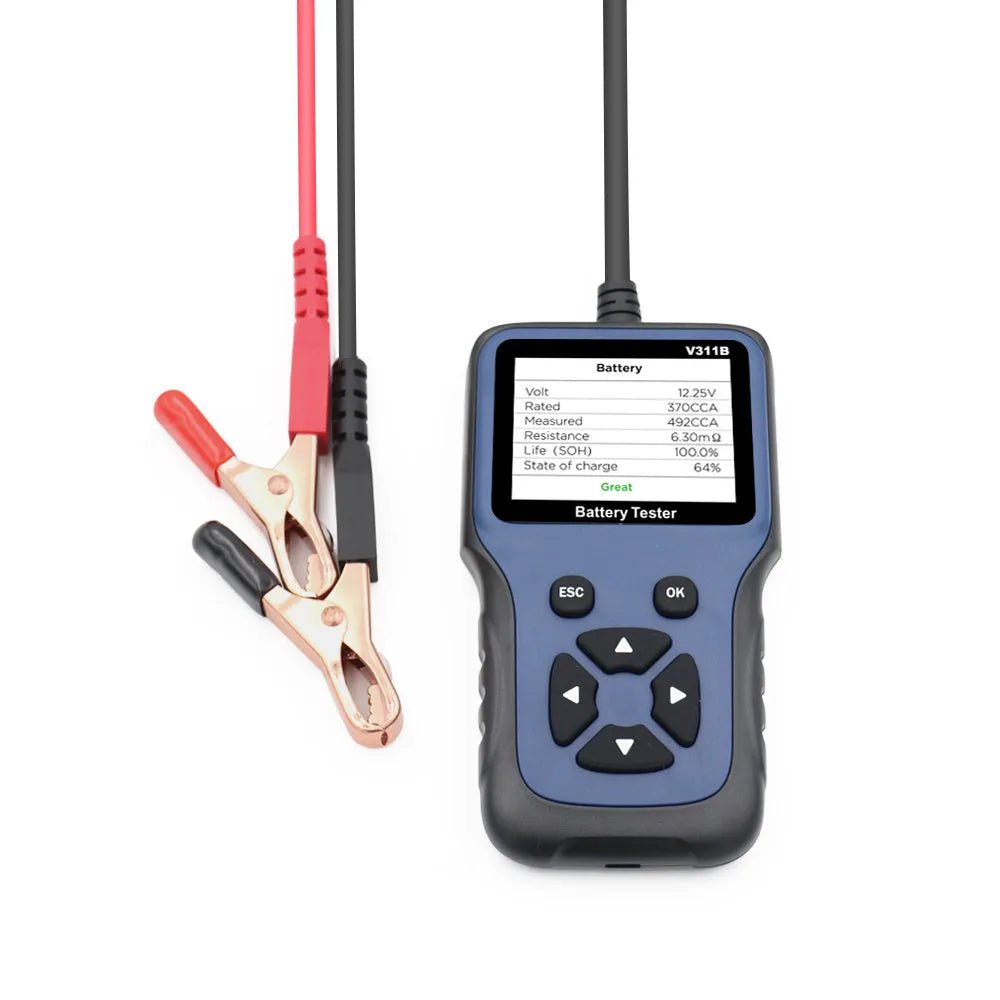 Car battery voltage tester with 2.8 inch colour screen, black and red alligator clips and 1m cable