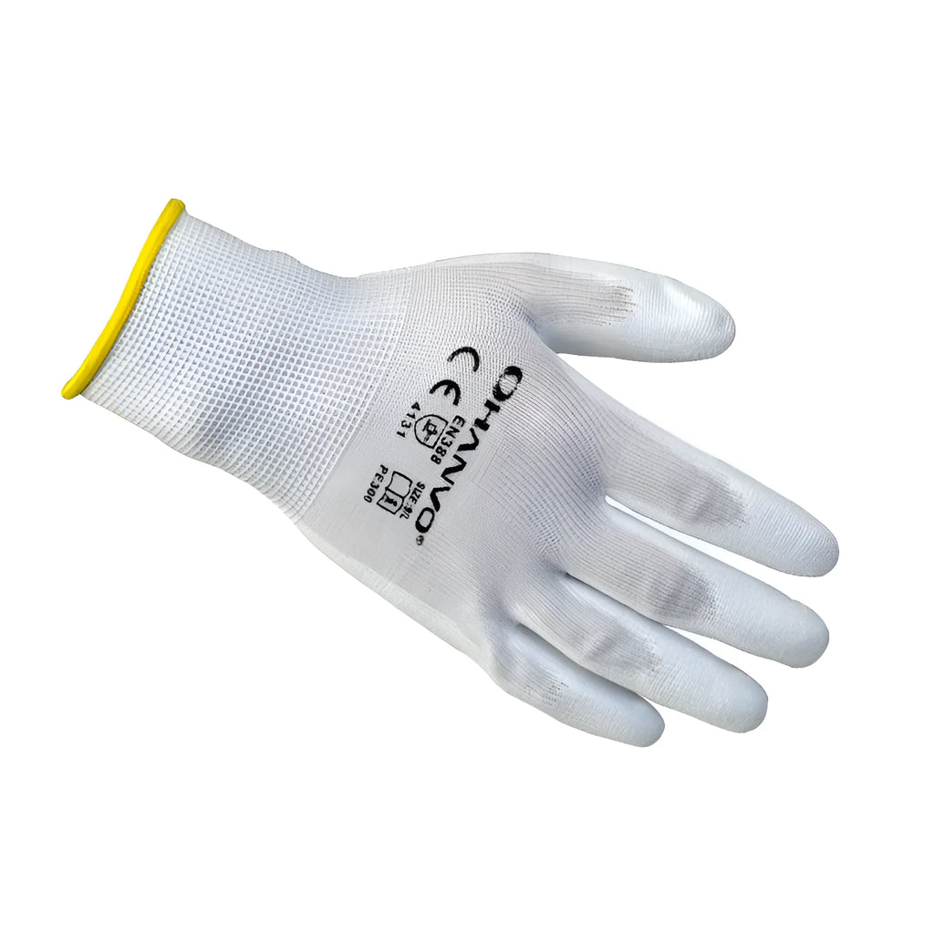 White PU-coated work gloves showing flexible fit and 24 cm length on a workbench.