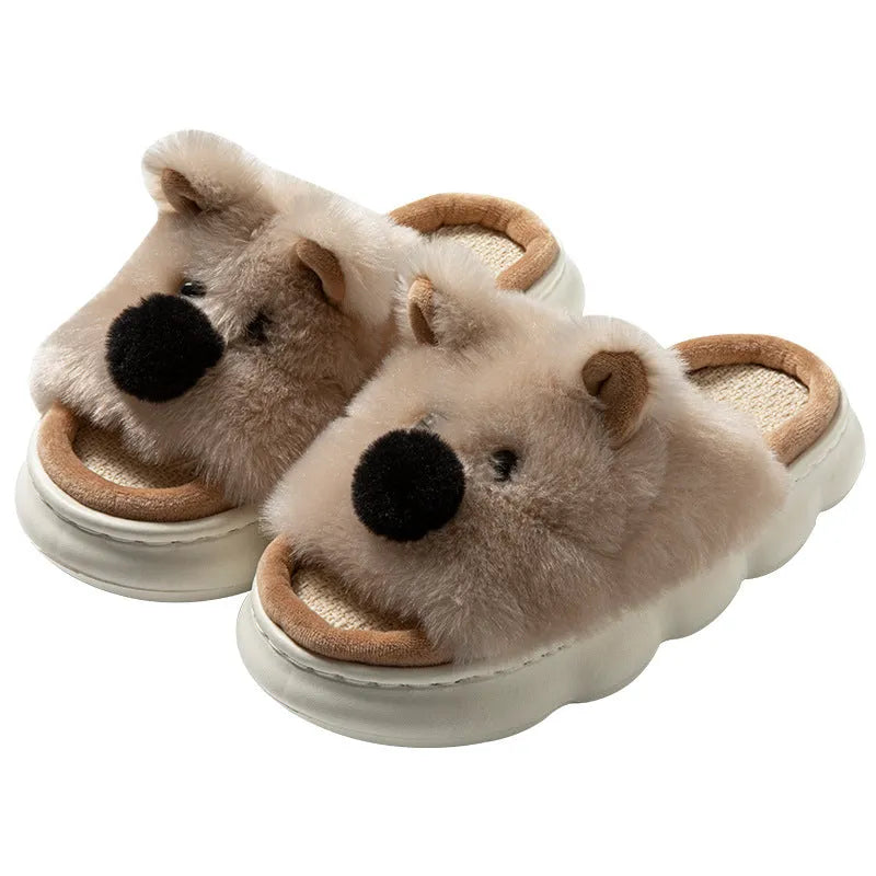 Women's linen indoor slippers with cartoon animal design, thick EVA sole, available in pink and white