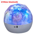 Starry sky projection lamp showing cosmic patterns on a wall, with plastic housing and USB cable.
