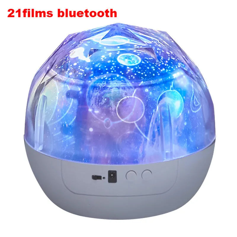 Starry sky projection lamp showing cosmic patterns on a wall, with plastic housing and USB cable.