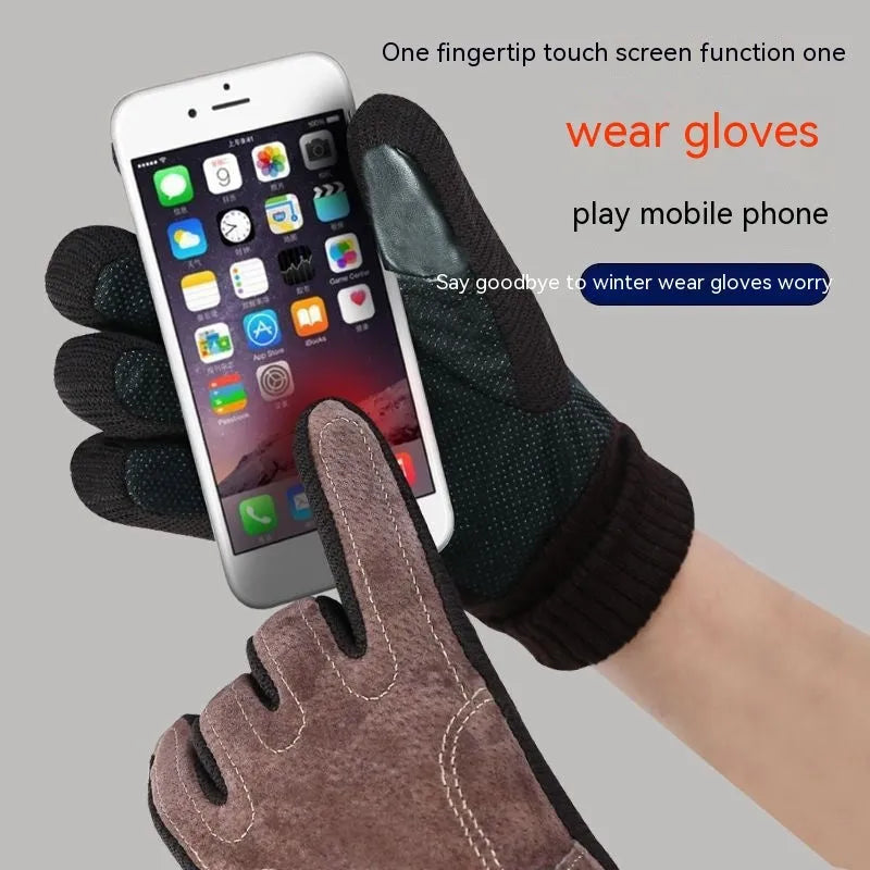 Men's warm genuine pigskin leather touch screen gloves in brown with fleece lining