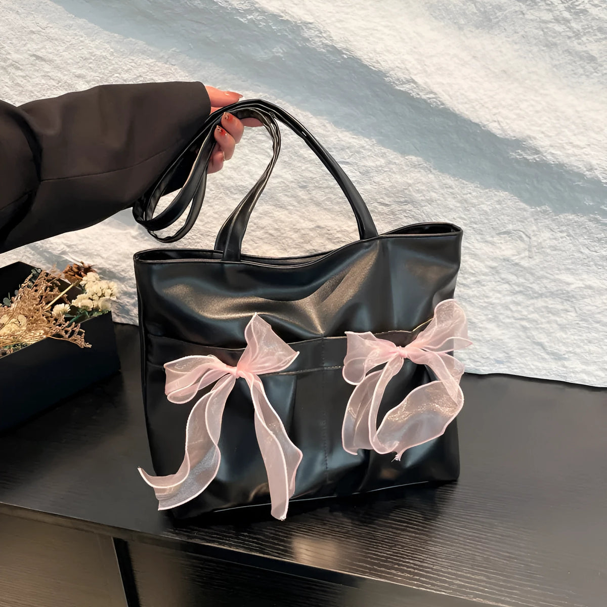 College style bow tote bag with double shoulder straps and large capacity interior
