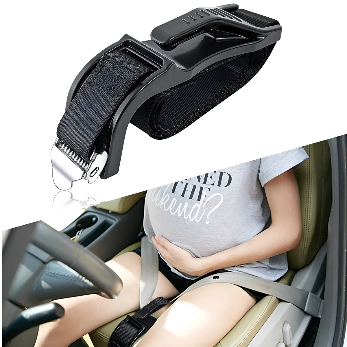 Black ABS polyester pregnancy seat belt adjuster with metal safety buckle