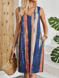 Colour-block striped v-neck sleeveless casual dress on a hanger.