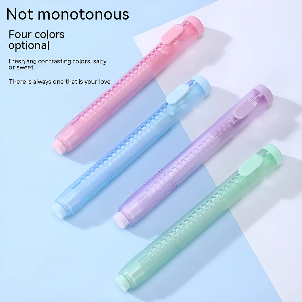 Push type automatic eraser for children in blue, green, pink, and purple colours