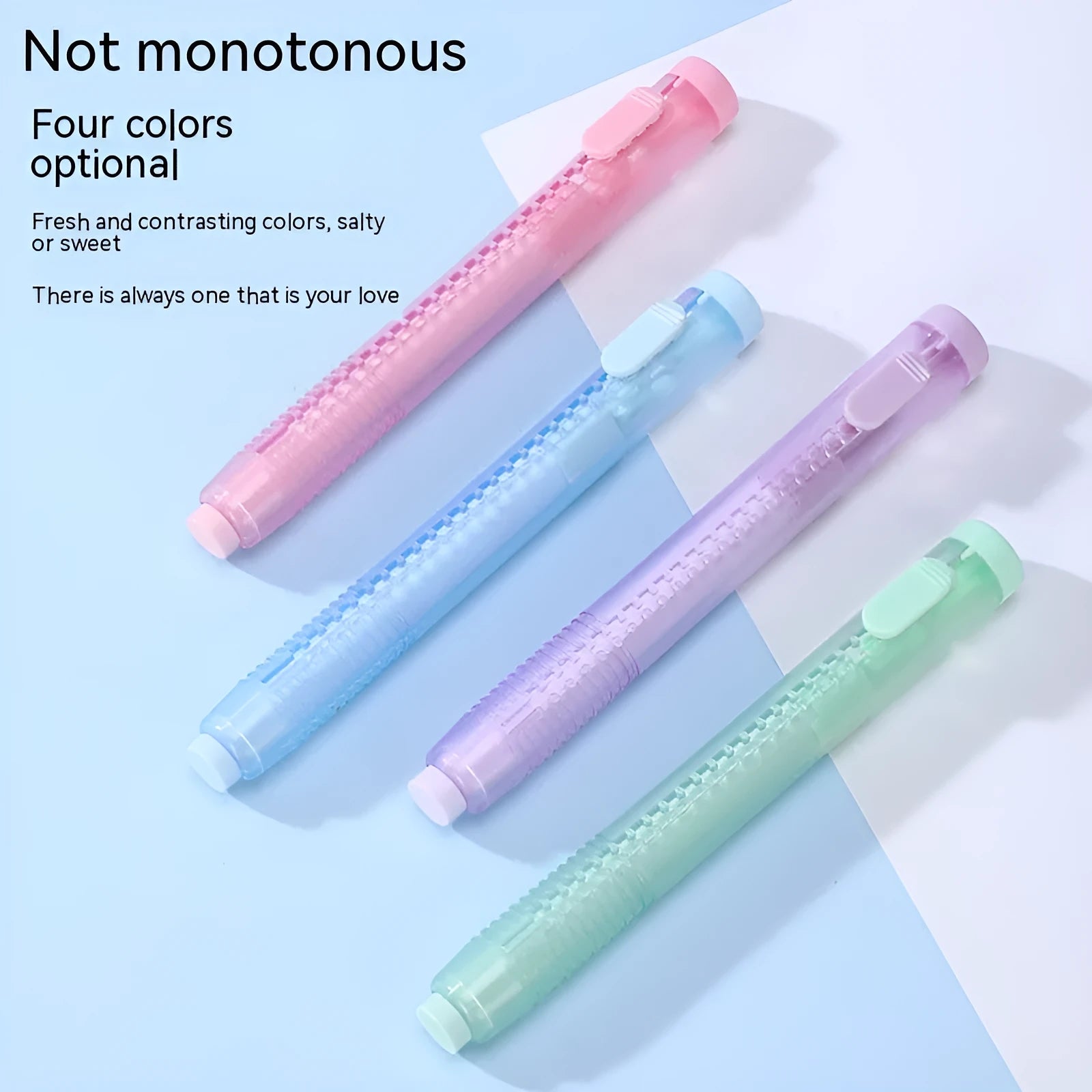 Push type automatic eraser for children in blue, green, pink, and purple colours