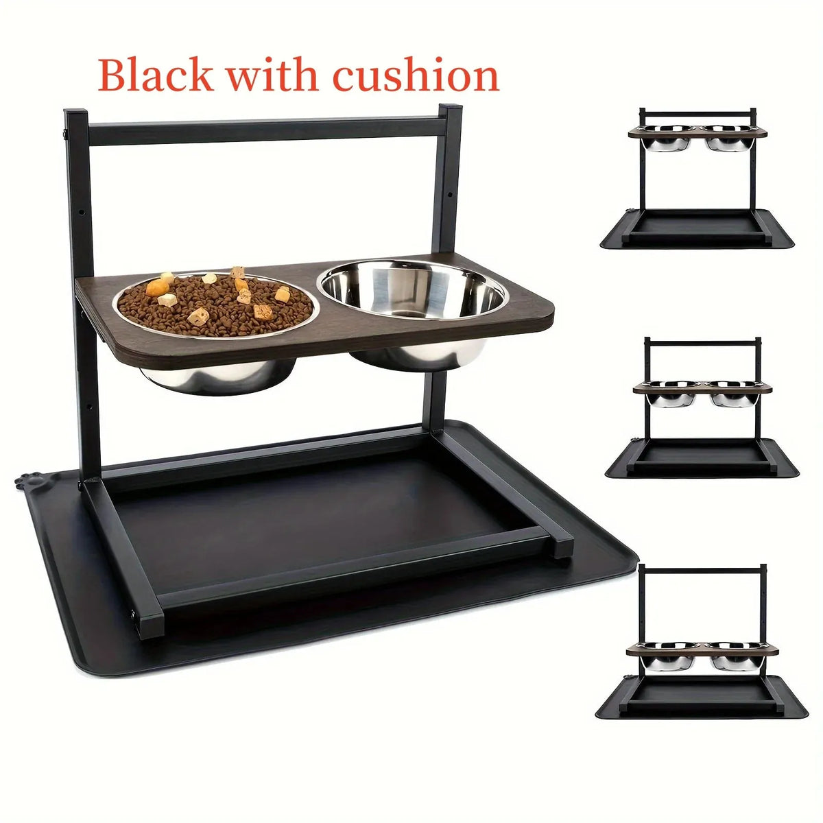 Large raised dog bowl stand with two bowls, iron frame, 42x30x40cm, 5-inch, 9-inch and 13-inch heights