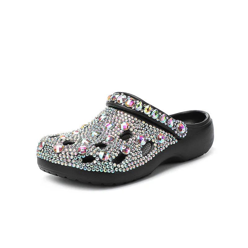 Black women's platform sandals with rhinestone decoration on EVA construction