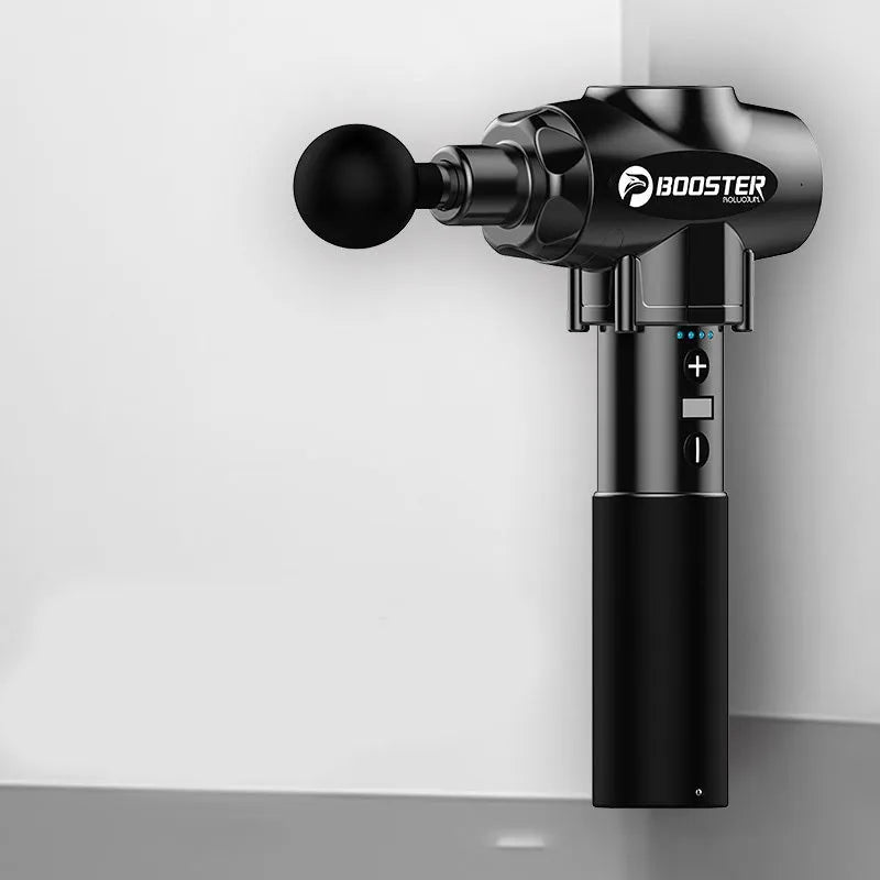 Black and white muscle massage gun with a deep stroke for tissue relief.