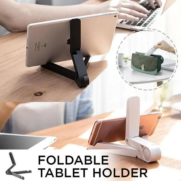 Black foldable tablet holder supporting a smartphone in landscape mode on a desk