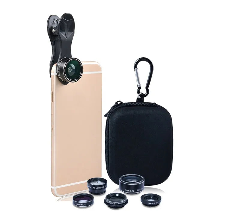 Black universal 5 in 1 clip-on phone camera lens kit with wide angle, macro, fisheye, telephoto, and CPL lenses