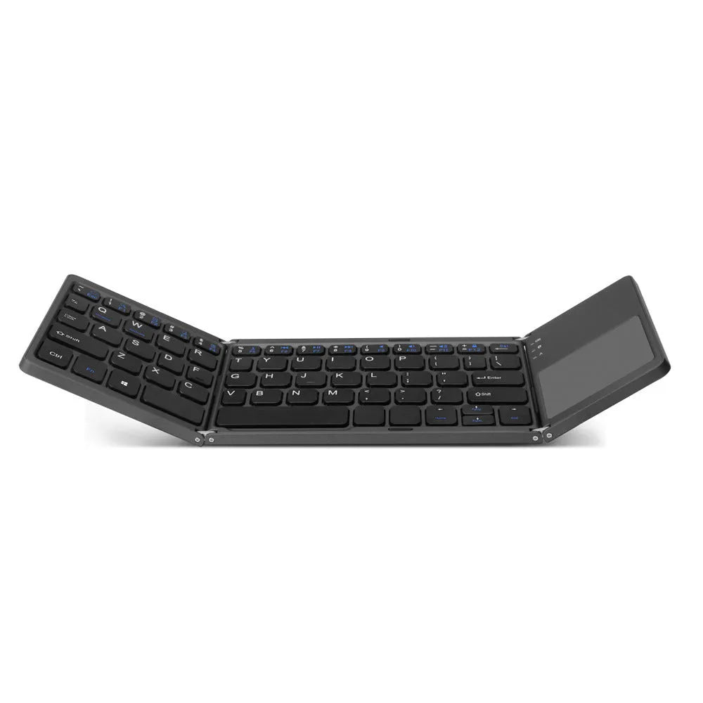 Black ultra-thin tri-fold Bluetooth keyboard with touchpad open and folded showing compatibility with iPhone and Android