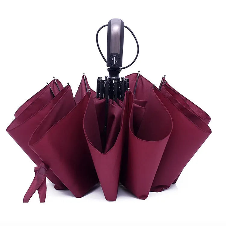Closed and open views of triple folding business umbrella with 10 steel ribs and vinyl fabric in black navy and wine red