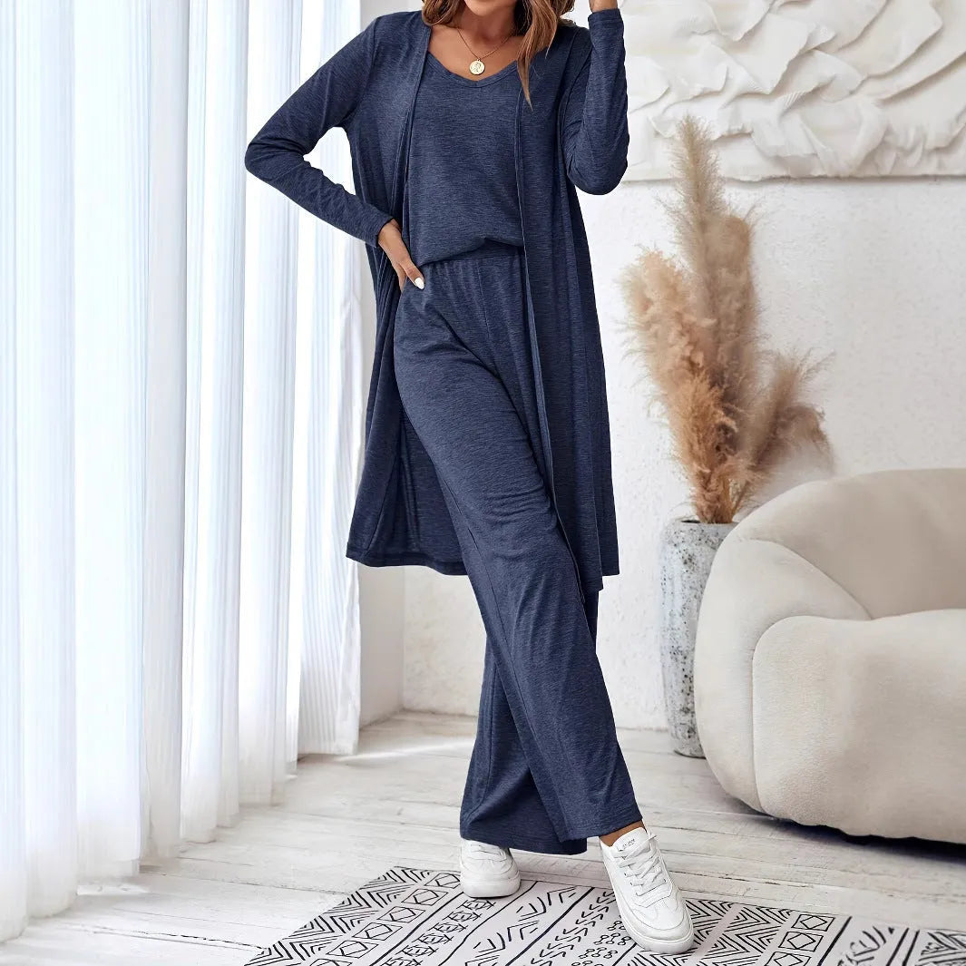 Blue women's casual co-ord suit with long sleeve cardigan and trousers on a hanger