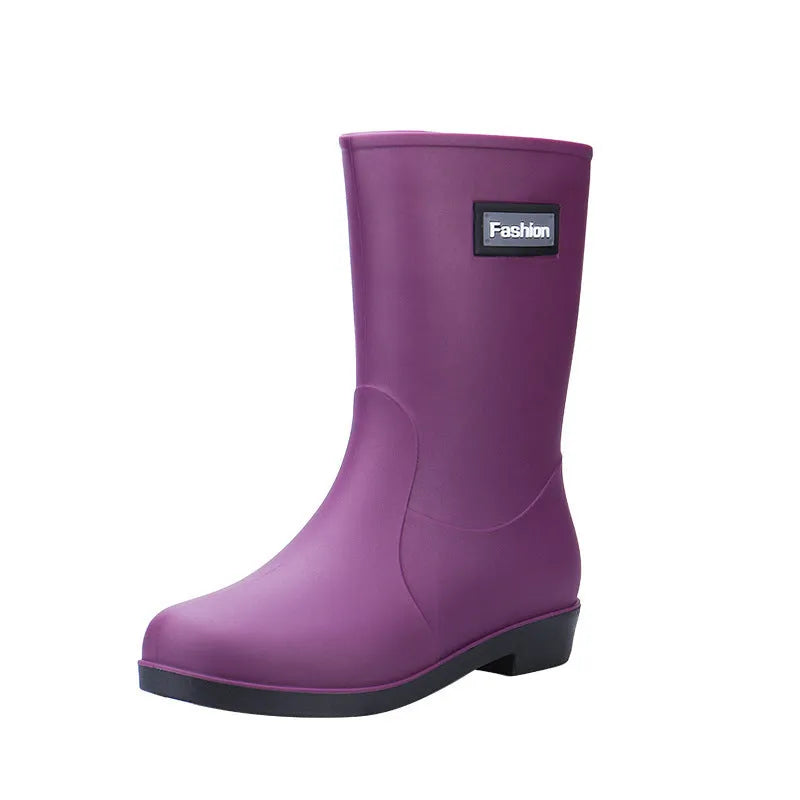 Women's mid-calf rain boots in black and brown with low heel and warm lining options