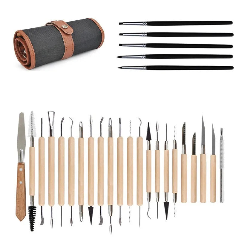27-piece pottery clay tool set with stainless steel tools, wooden implements, plastic tools, a rolling pin, and an OPP storage bag.