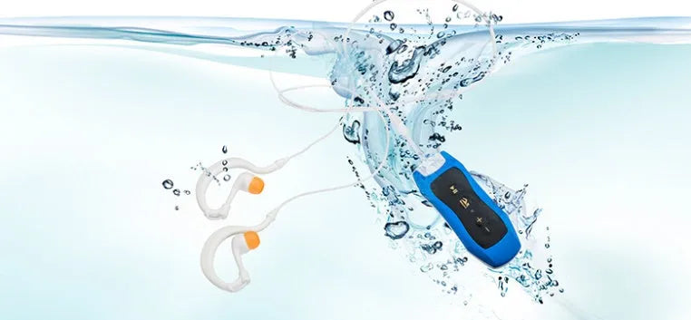 Compact Bluetooth MP3 headset in multiple colours with IPX68 waterproof rating for sports.