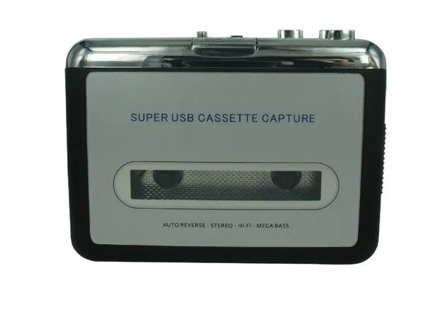 Compact cassette to MP3 converter unit with USB cable and headphones for digital audio transfer.