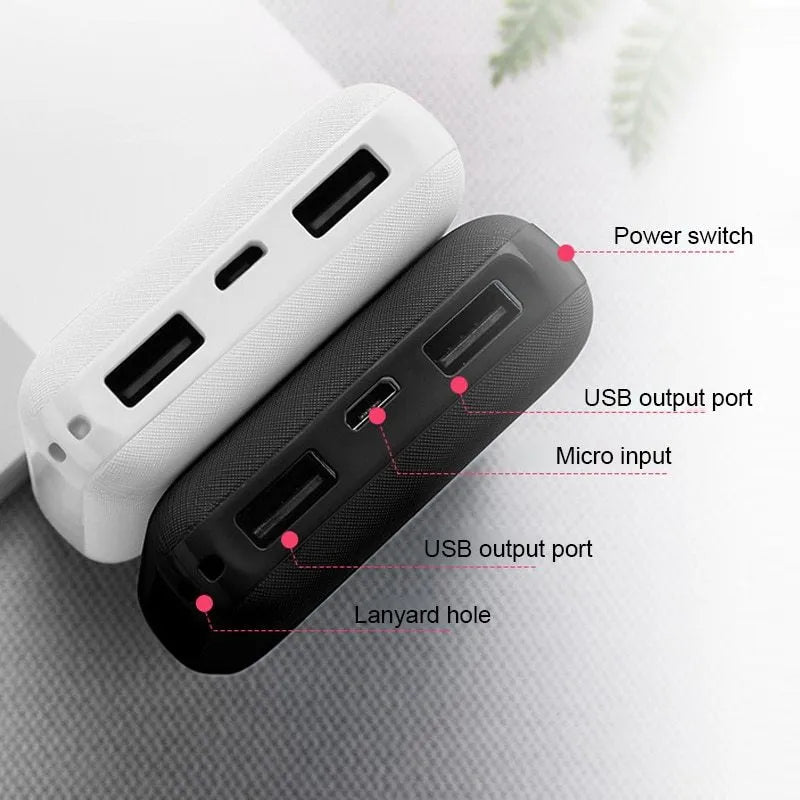 Ultra-thin black or white power bank showing multiple USB ports and 10,000mAh capacity
