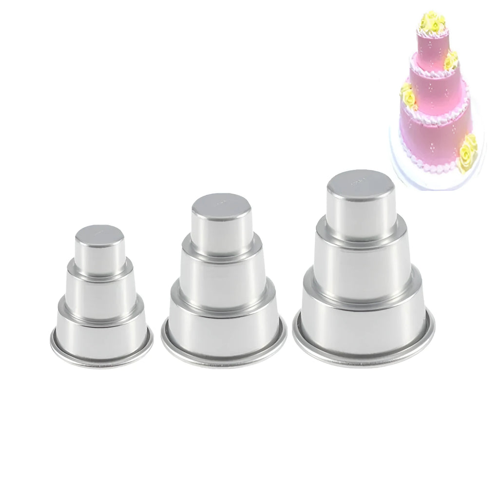 Silver aluminium alloy mini three-layer cake mould for fondant, shown in large, medium, and small sizes.