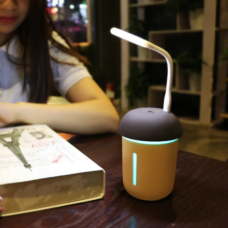 Mushroom-shaped USB charging air purifier humidifier with fan and night light in coffee colour on desk