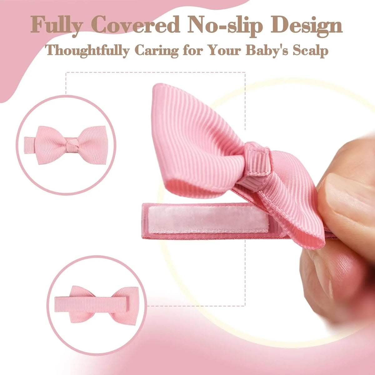 Assortment of pastel-coloured baby hair barrettes and bows laid out on a white background.