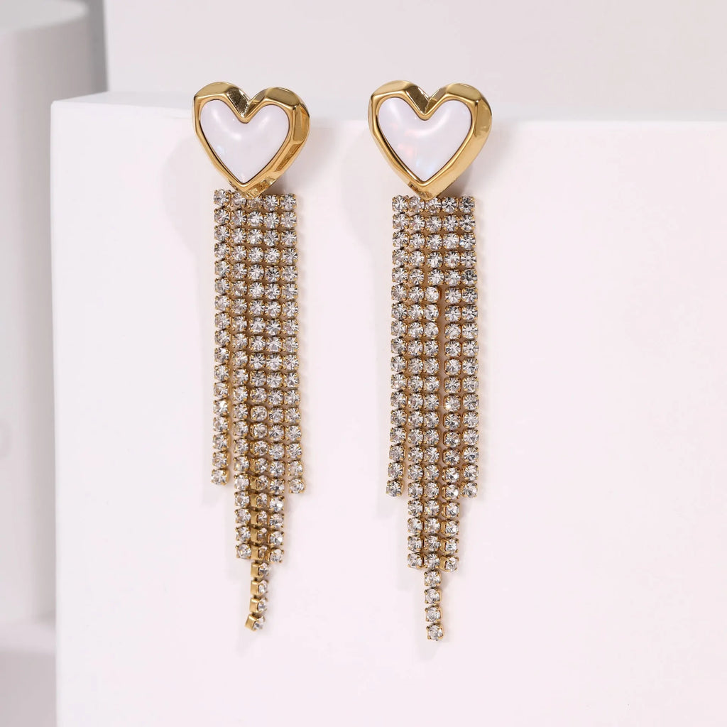 Women's stainless steel earrings with 18K electroplating in heart, star and geometric shapes featuring diamond tassels
