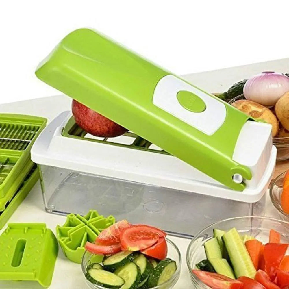 12-piece green manual vegetable chopper set with stainless steel blades on kitchen counter