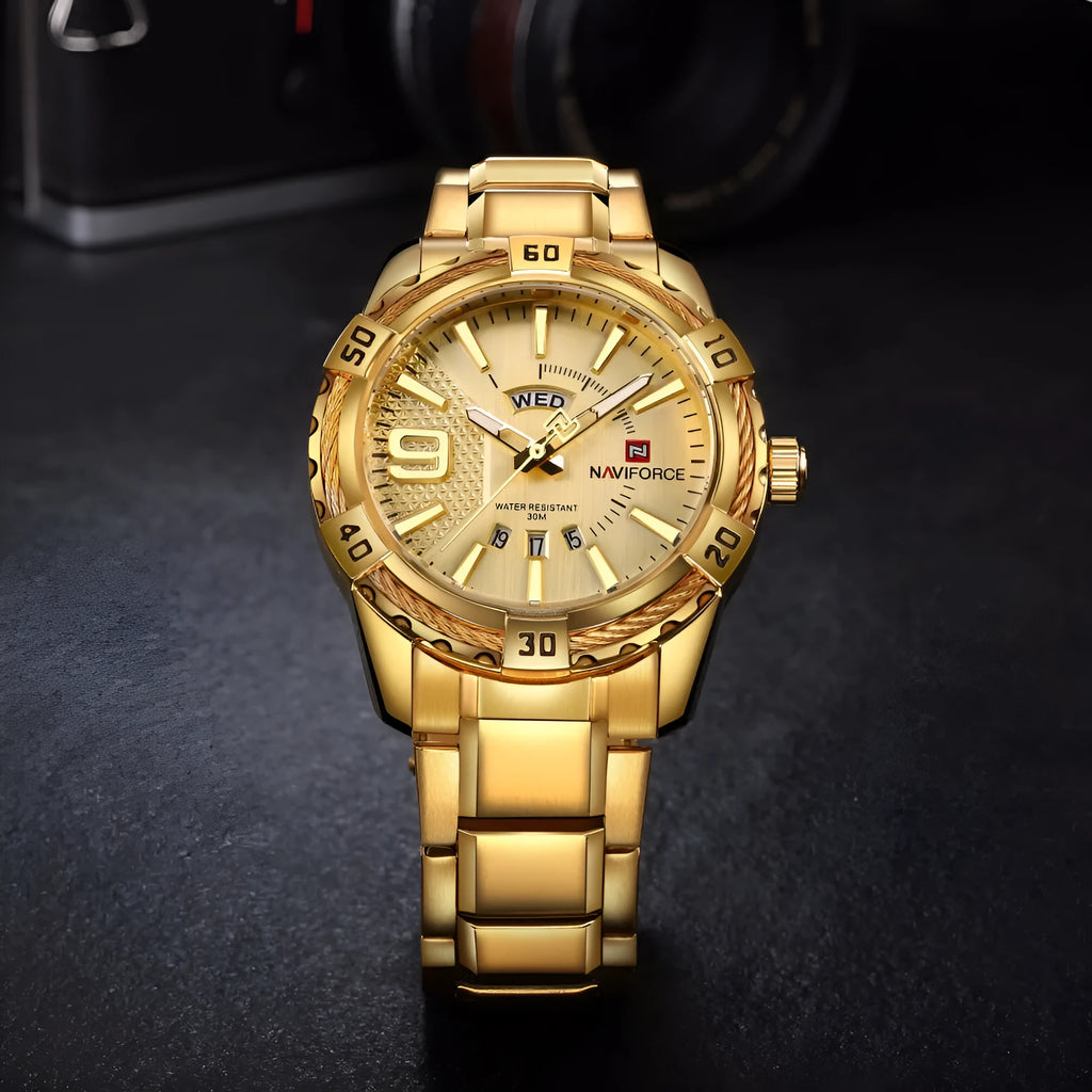 Men's waterproof quartz watch with silver alloy case, stainless steel strap, 46mm round dial and world time display.