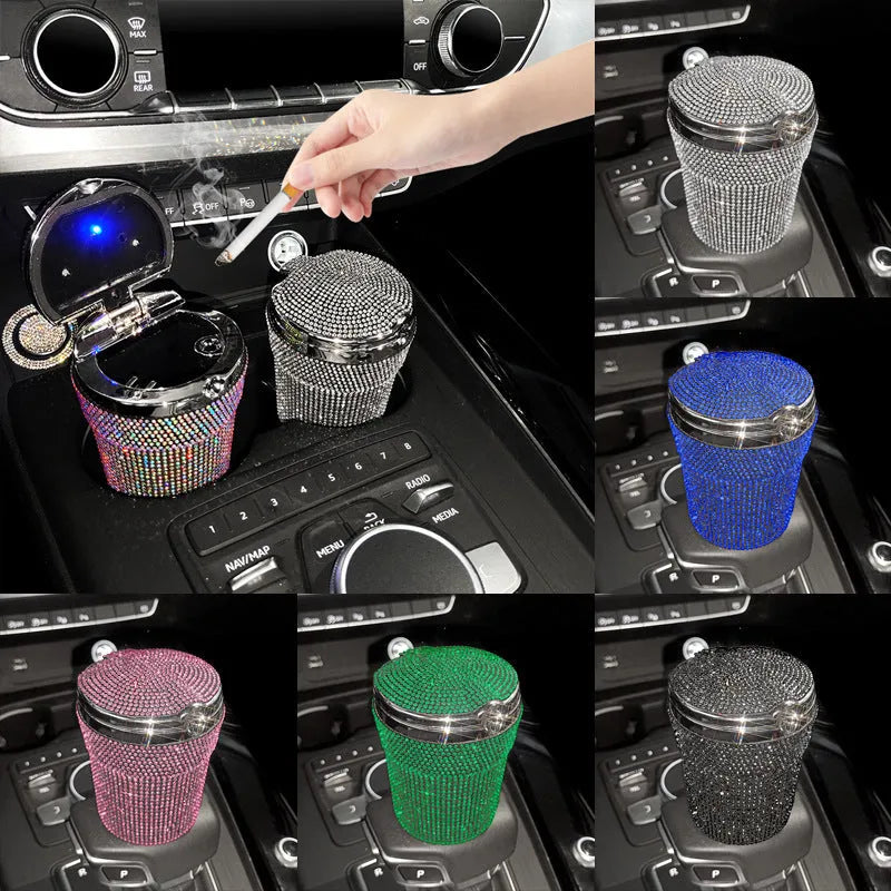 Covered car ashtray with diamond inlay, plastic and rhinestone, 7.5 x 7.5 x 9.5cm, in Black Diamond style