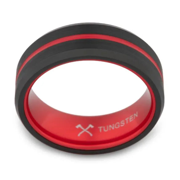 Fire stripe tungsten carbide ring with red and black inlay, sizes 5-17 including half sizes.
