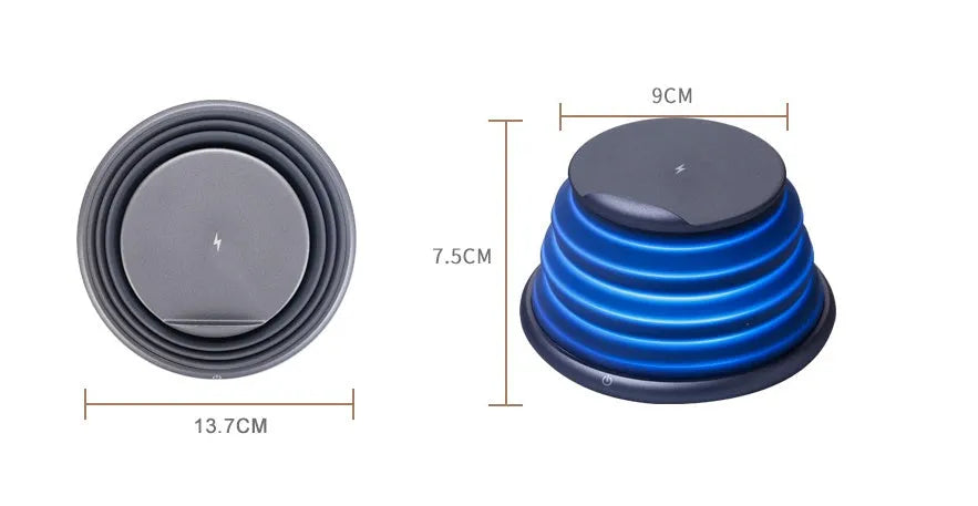 Wireless charger pad in Grey or White, 138 x 138 x 30mm, ABS plastic and silicone, 5W and 10W.