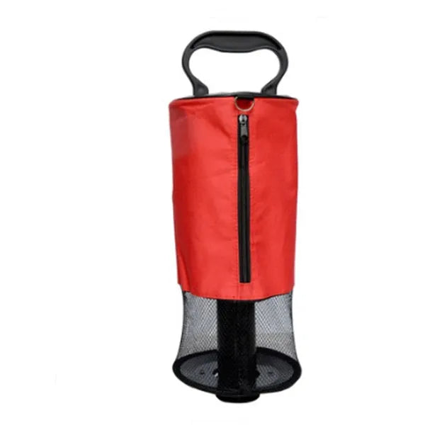 Red detachable golf ball retriever with nylon zipper storage bag and plastic handle, holds about 60 balls